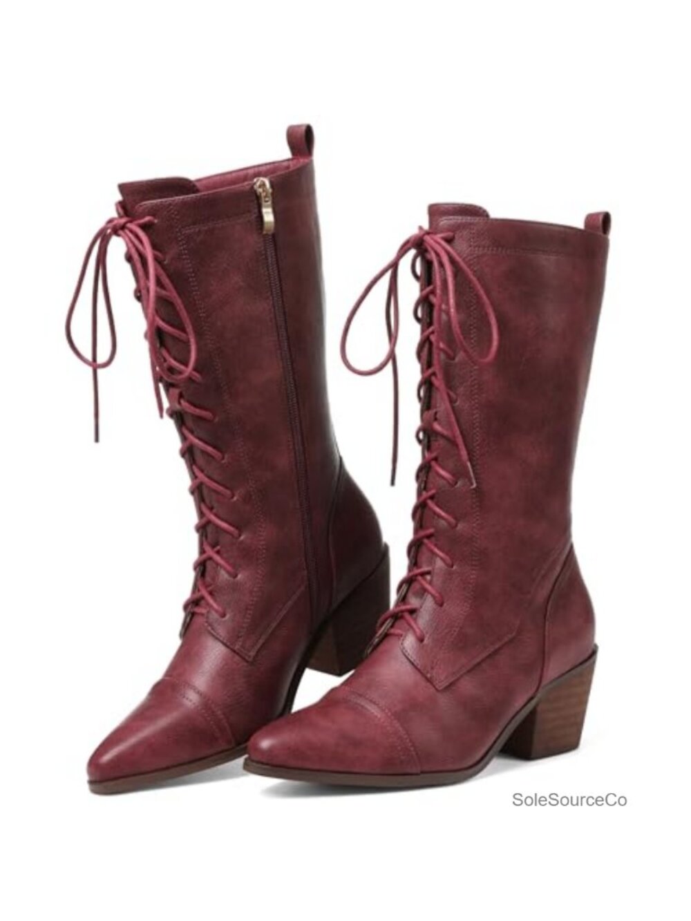 Women's Mid Calf Lace Up Boots Chunky Heel Combat Vintage Pointed Toe Zip